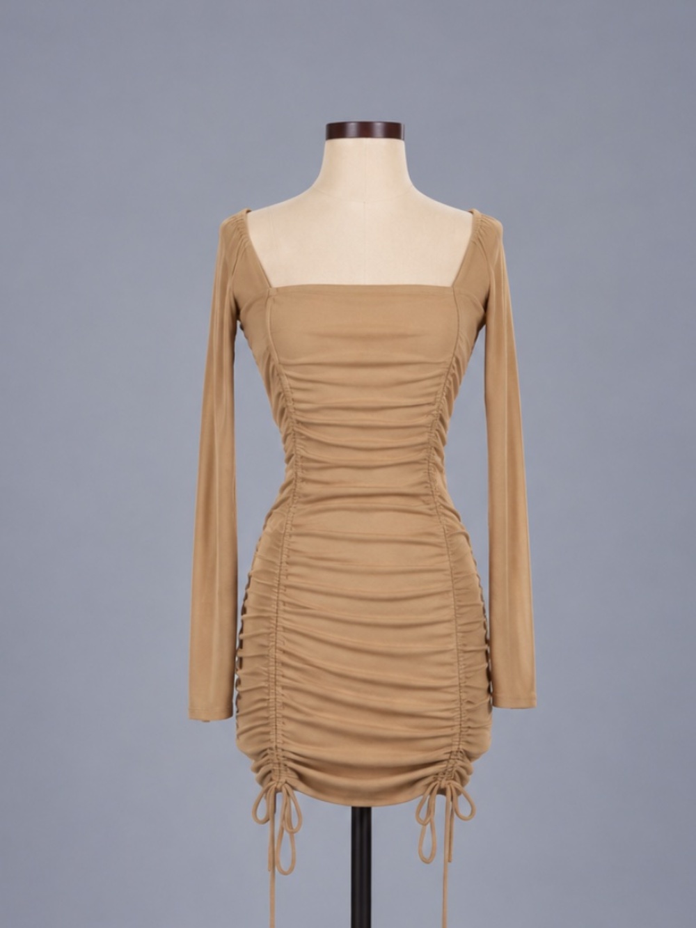 Princess Polly Beige Ribbed Ruched Long Sleeve Mini Dress – Size 4 – NWT